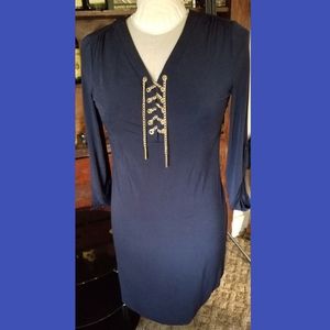 🌻Spense Navy Blue Gold Chain Lace Up Shift Dress